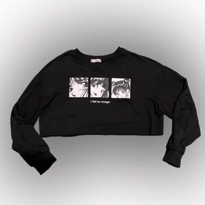 ROMWE Black Anime Graphic Long Sleeve Crop Tee I Feel So Vintage Sz L